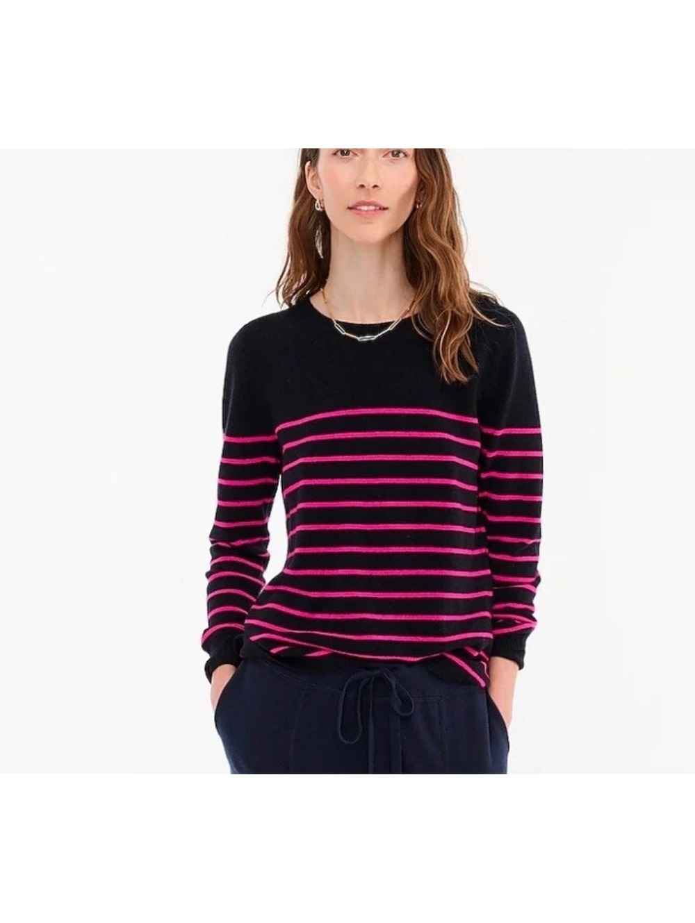 J.Crew 100% Cashmere Crewneck Sweater Black Pink Striped NWT